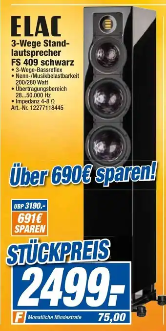 expert Techno Land Elac 3 Wege Standlautsprecher FS 409 schwarz Angebot