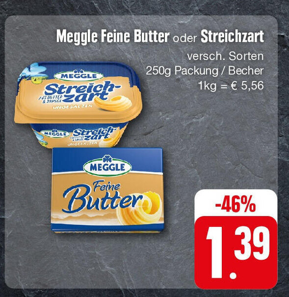 Meggle Feine Butter oder Streichzart 250g Packung/Becher Angebot bei Edeka