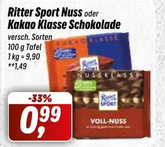 Simmel Ritter Sport Nuss oder Kakao Klasse Schokolade 100g Angebot