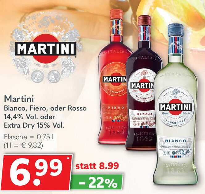 Martini Bianco, Fiero, oder Rosso oder Extra Dry 0,75 L Flasche Angebot