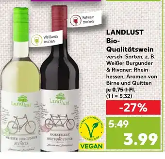 Kaufland Landlust Bio-Qualitätswein versch. Sorten, je 0,75--FI. (11= 5.32) Angebot