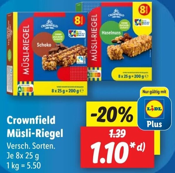 Crownfield MüsliRiegel 8x25 g Angebot bei Lidl