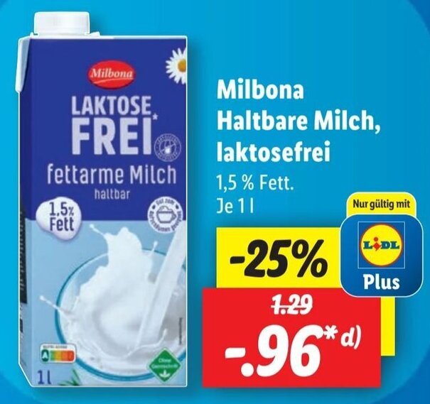 Milbona Haltbare Milch, laktosefrei 1 L Angebot bei Lidl
