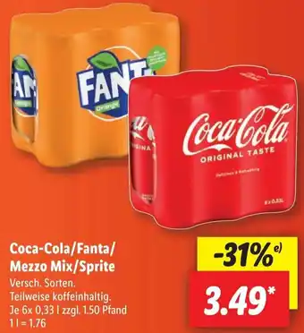 Lidl Coca-Cola/Fanta/ Mezzo Mix/Sprite 6x0,33 L Angebot