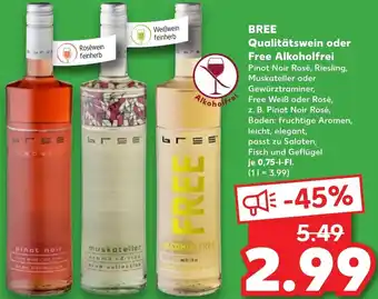 Kaufland BREE Qualitätswein oder Free Alkoholfrei 0,75 L-Fl. Angebot