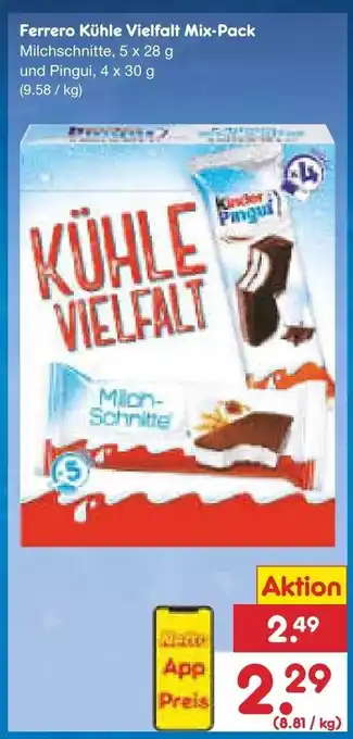 Netto Marken-Discount Ferrero Kühle Vielfalt Mix-Pack Milchschnitte, 5 x 28 g und Pingui, 4 x 30 g (9.58 /kg) Angebot