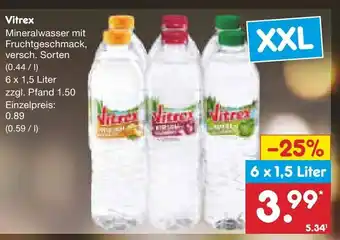 Netto Marken-Discount Vitrex Mineralwasser mit Fruchtgeschmack, versch. Sorten 6 x 1,5 Liter Angebot