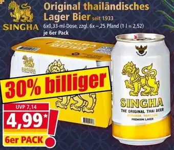 Norma SINGHA Original thailändisches Lager Bier 6x0,33 ml Dose Angebot