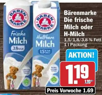 Hit Bärenmarke Die frische Milch oder H-Milch 1 L Packung Angebot