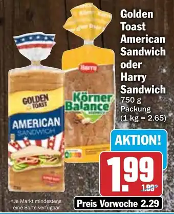 Hit Golden Toast American Sandwich oder Harry Sandwich Körner 750 g Packung Angebot