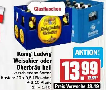 Hit König Ludwig Weissbier oder Oberbräu hell 20 x 0,5 L Flaschen Angebot