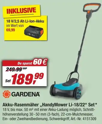 toom Baumarkt GARDENA Akku-Rasenmäher ,,HandyMower Li-18/22" Set* Angebot