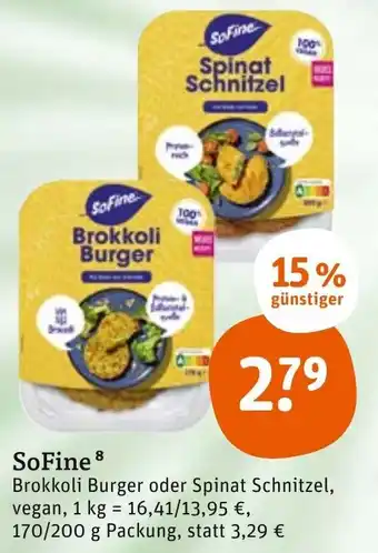 tegut SoFine Brokkoli Burger oder Spinat Schnitzel 170/200 g Packung Angebot