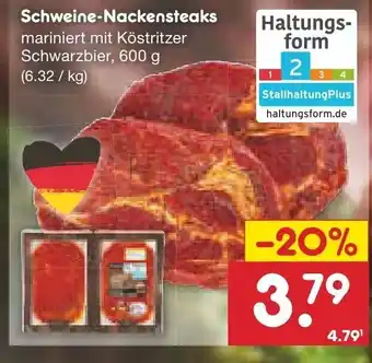 Netto Marken-Discount Schweine-Nackensteaks mariniert mit Köstritzer Schwarzbier, 600 g (6.32 /kg) Angebot