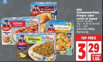 Edeka Iglo Schlemmerfilet, Filegro oder Lachs in Sauce 220/250/380 g Packung Angebot