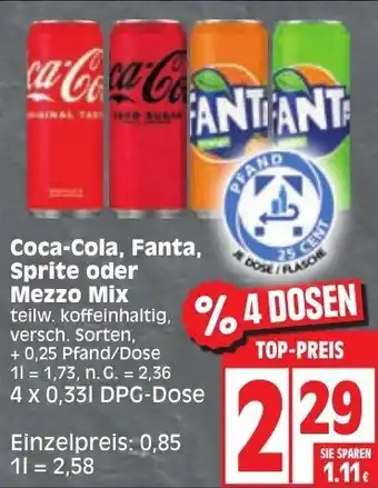 Edeka Coca-Cola, Fanta, Sprite oder Mezzo Mix 4x0,33 L DPG Dose Angebot