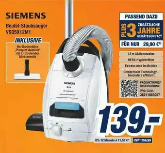 Expert Bening Siemens Beutel Staubsauger VSQ5X12M1 Angebot