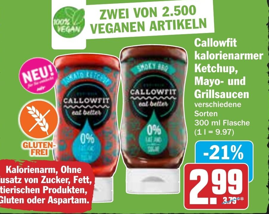 Callowfit kalorienarmer Ketchup, Mayo und Grillsaucen 300 ml Flasche
