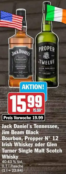 Hit Jack Daniel's Tennessee, Jim Beam Black Bourbon, Propper N° 12 Irish Whiskey oder Glen Turner Single Malt Scotch Whisky 0,7 L Angebot