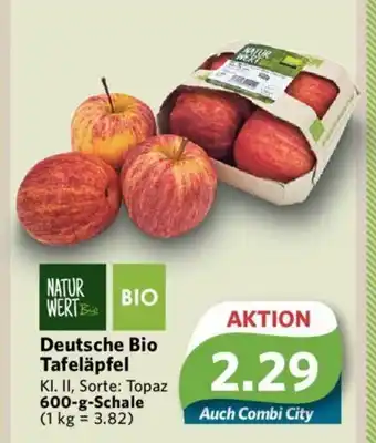 Combi Deutsche Bio Tafeläpfel KI. II, Sorte: Topaz 600-g-Schale (1 kg = 3.82) Angebot