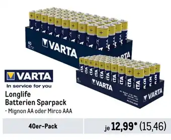 METRO VARTA Longlife Batterien Sparpack • Mignon AA oder Mirco AAA 40er-Pack Angebot