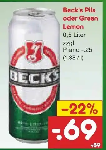 Netto Marken-Discount Beck's Pils oder Green Lemon 0,5L Angebot