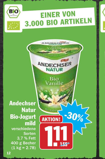 Hit Andechser Natur Bio-Joghurt mild 400g Angebot