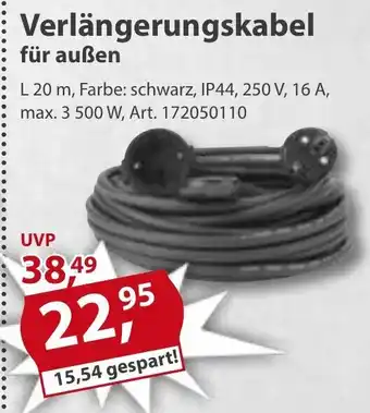 Sonderpreis Baumarkt Verlängerungskabel für außen L 20 m, Farbe: schwarz, IP44, 250 V, 16 A, max. 3 500 W, Art. 172050110 Angebot