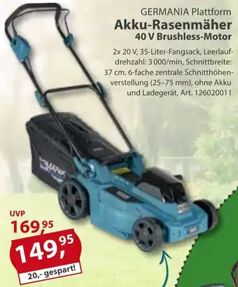 Sonderpreis Baumarkt GERMANIA Plattform Akku-Rasenmäher 40 V Brushless-Motor Angebot