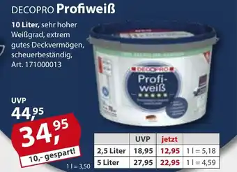 Sonderpreis Baumarkt DECOPRO Profiweiß 10 Liter, sehr hoher Weißgrad, extrem gutes Deckvermögen, scheuerbeständig, Art. 171000013 Angebot