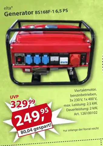 Sonderpreis Baumarkt eltaⓇ Generator BS168F-1 6,5 PS Angebot