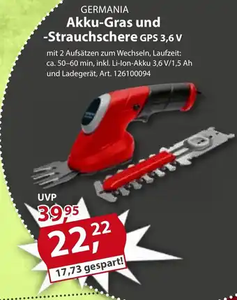 Sonderpreis Baumarkt GERMANIA Akku-Gras und -Strauchschere GPS 3,6 V Angebot