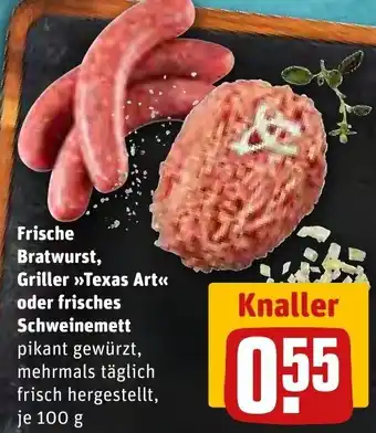 REWE Frische Bratwurst, Griller »Texas Art<< oder frisches Schweinemett 100 g Angebot