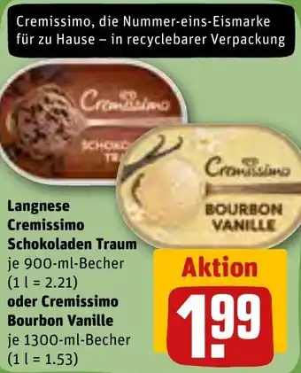 REWE Langnese Cremissimo Schokoladen Traum 900-ml oder Cremissimo Bourbon Vanille 1300-ml-Becher Angebot