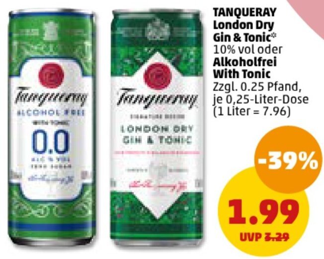 TANQUERAY London Dry Gin & Tonic oder Alkoholfrei With Tonic 0,25 Liter