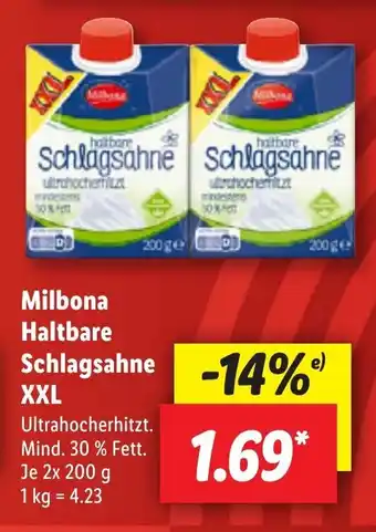 Lidl Milbona Haltbare Schlagsahne XXL 2 x 200 g Angebot