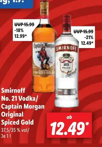 Lidl Smirnoff No. 21 Vodka/ Captain Morgan Original Spiced Gold 1 l Angebot