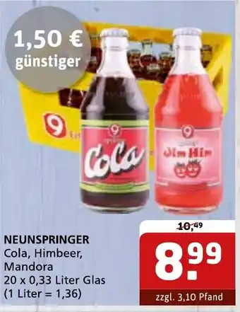 Getränke Quelle NEUNSPRINGER Cola, Himbeer, Mandora 20 x 0,33 Liter Glas (1 Liter = Angebot