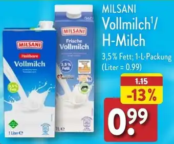 Aldi Nord MILSANI Vollmilch¹/ H-Milch 1 L Packung Angebot