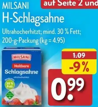 Aldi Nord MILSANI H-Schlagsahne 200 g Packung Angebot