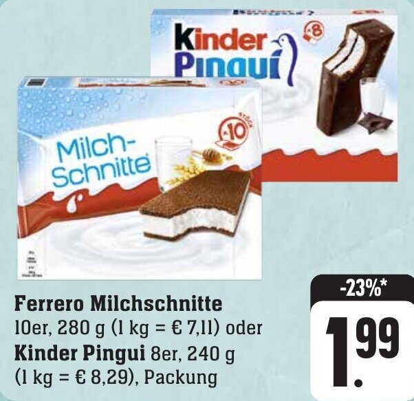 Ferrero Milchschnitte 10er, 280 g oder Kinder Pingui 8er, 240 g Angebot bei Gebauer