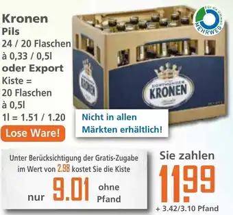 Klaas und Kock Kronen Pils 24x0,33 L/20x0,5 L oder Export 20x0,5 L Angebot