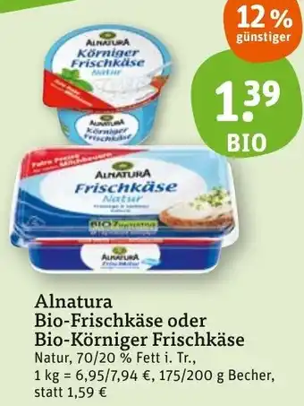 tegut Alnatura Bio-Frischkäse oder Bio-Körniger Frischkäse 175/200 g Becher Angebot