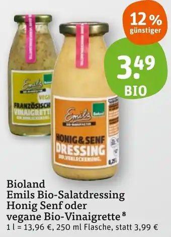 tegut Bioland Emils Bio-Salatdressing Honig Senf oder vegane Bio-Vinaigrette 250 ml Flasche Angebot