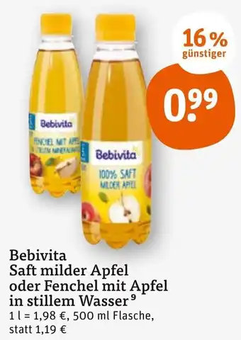 tegut Bebivita Saft milder Apfel oder Fenchel mit Apfel in stillem Wasser 500 ml Flasche Angebot