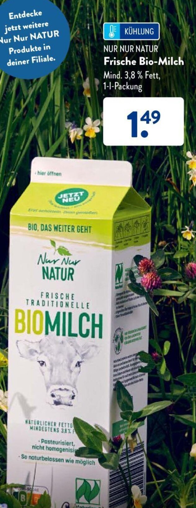 NUR NUR NATUR Frische BioMilch 1 LPackung Angebot bei Aldi Süd