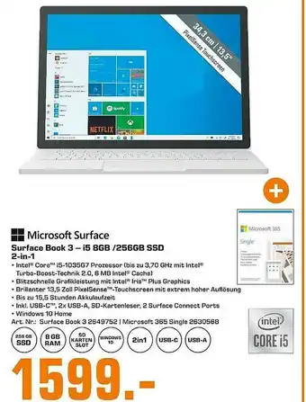 Saturn Microsoft Surface Book 3 - I5 8gb 256gb Ssd 2-in-1 Angebot