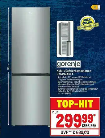 METRO Gorenje Kühl- Gefrierkombination Rk6192axl4 Angebot