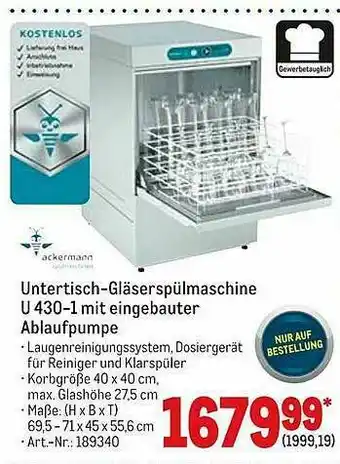 METRO Ackermann Untertisch-gläserspülmaschine U430-1 Mit Eingebauter Ablaufpumpe Angebot