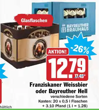 Hit Franziskaner Weissbier oder Bayreuther Hell 20x0,5L Angebot